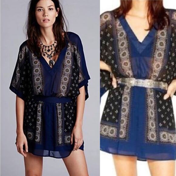 FREE PEOPLE Womens Boho Printed Kimono Tied Sleeve V-Neck Mini Dress Size XS - Picture 7 of 12
